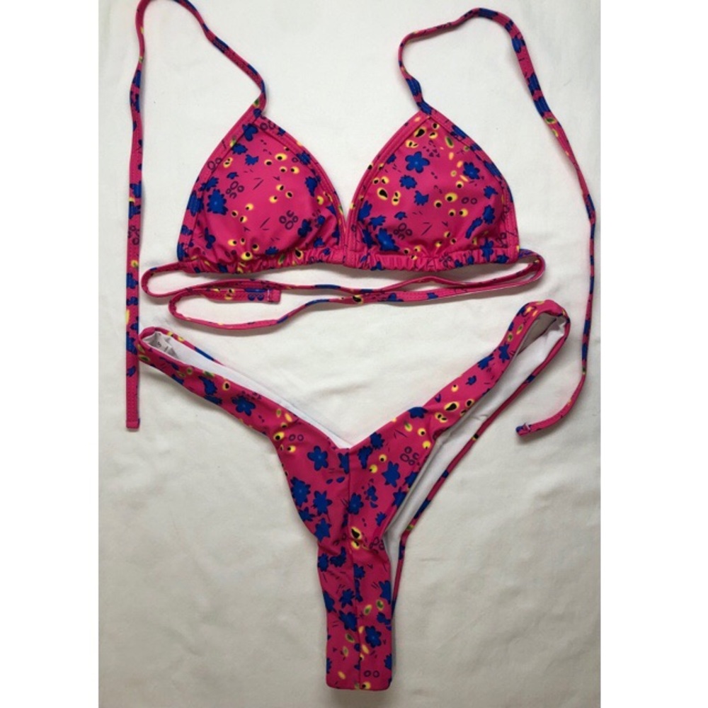 Hot pink floral two piece, high waist bottom triangle tie top bikini. Size small
